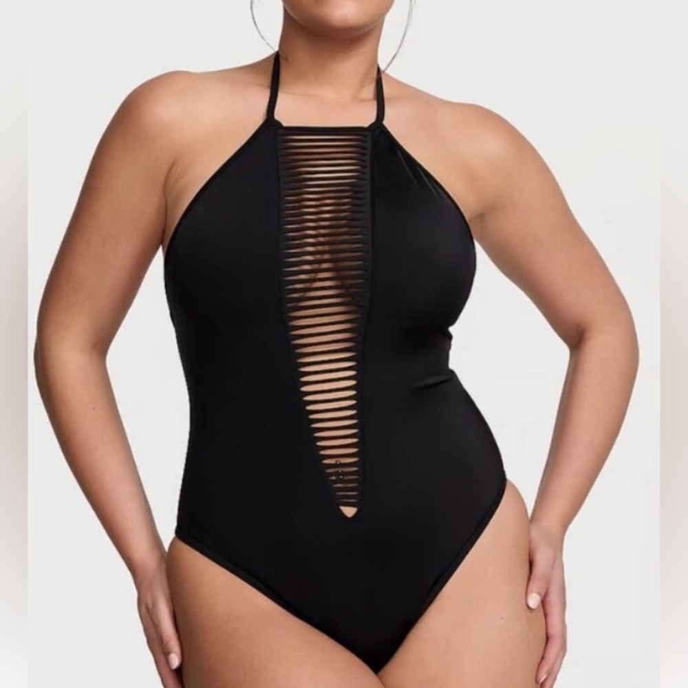 Victoria's Secret Black One-Piece deep plunge Front Ladder Cutout halter tie